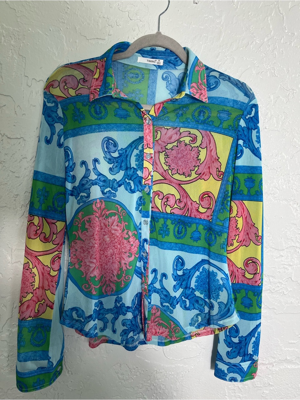 Timing Sheer Mesh Baroque Print Button Up Top Size M
